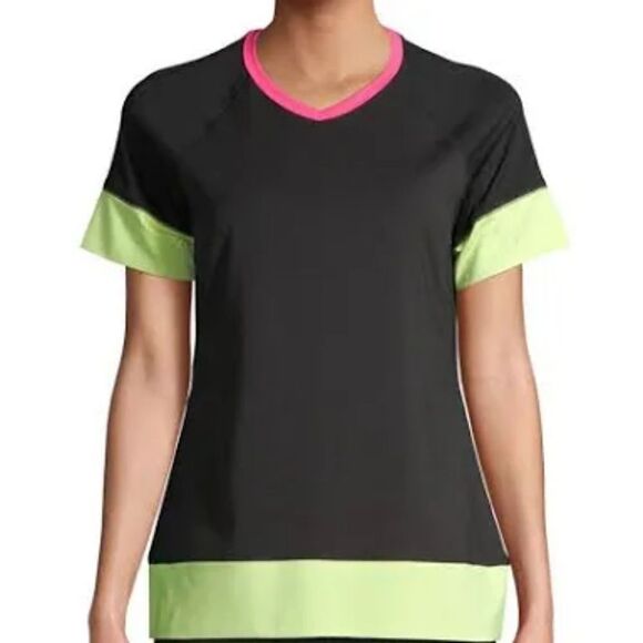 Avia Short Sleeve Colorblock Athletic Shirt, Black/Neon, Size XL (16-18) - Picture 2 of 11